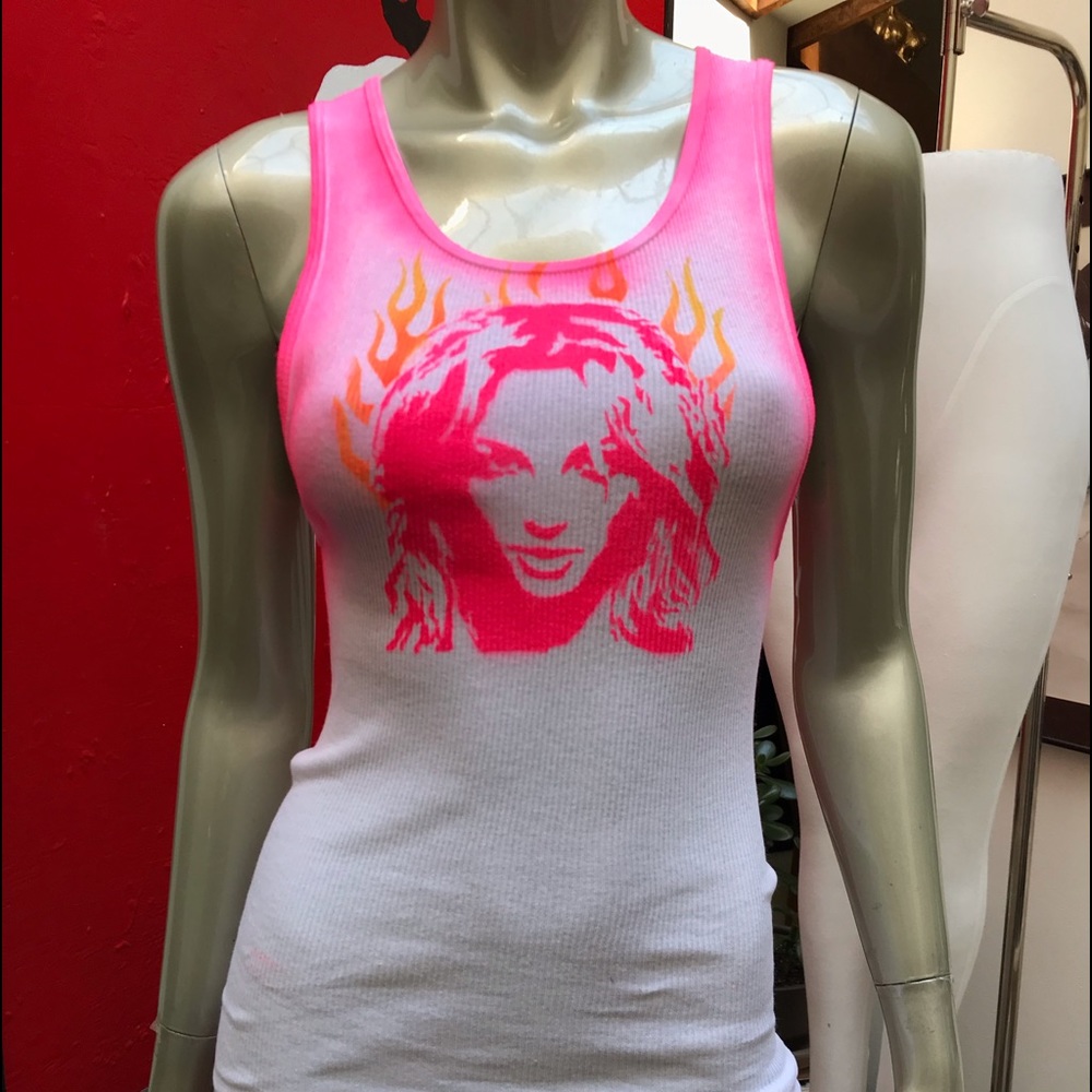 BRITNEY SPEARS FREED distressed ribbed graffiti soft tank top L - Picture 6 of 17